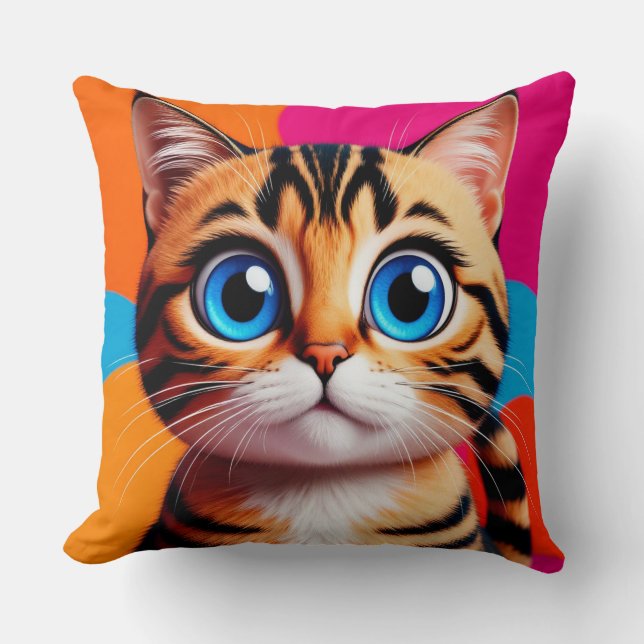 Cute Tabby Kitten Portrait With Big Blue Eyes Throw Pillow (Front)