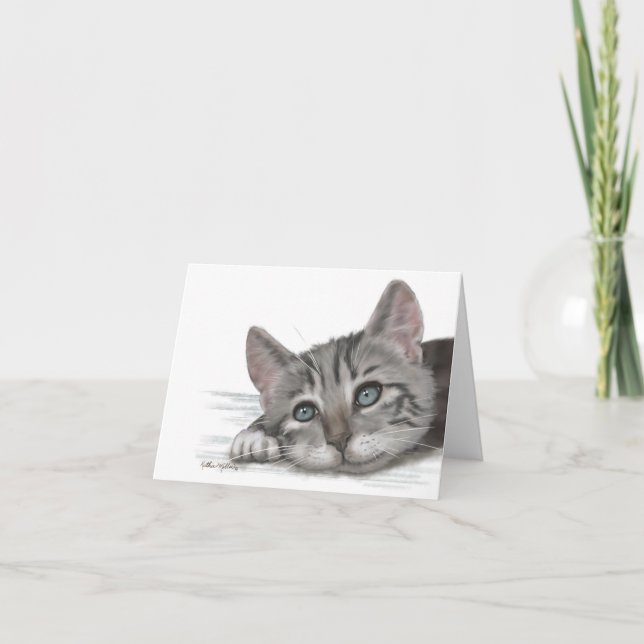  Cute Tabby Kitten Resting Cartoon Letterpress Thank You Card (Front)