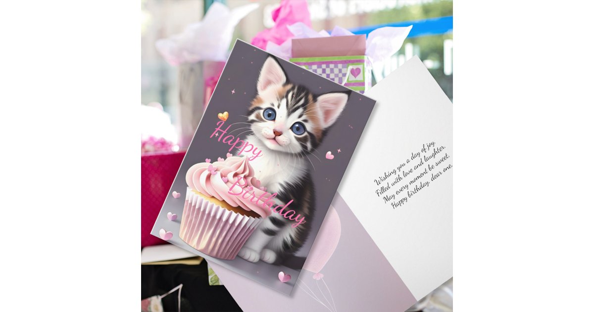 Cute Tabby Kitten Sweet Cupcake Birthday Greeting Card | Zazzle