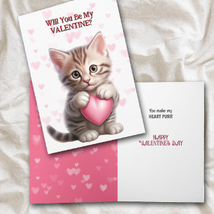 Cute Tabby Kitten with Pink Heart Valentine Holiday Card