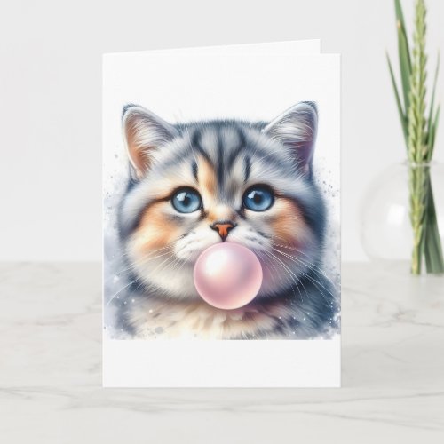 Cute Tabby Kitty Cat Blowing Bubble Gum Blank Card