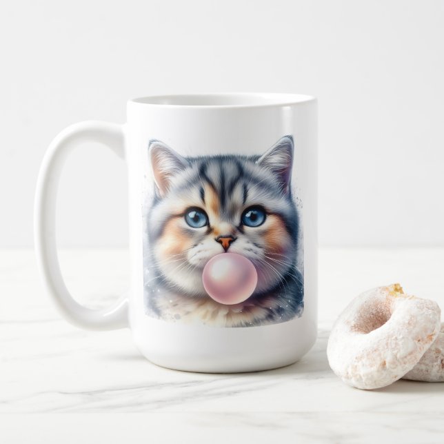 Cute Tabby Kitty Cat Blowing Bubble Gum Funny Coffee Mug (With Donut)