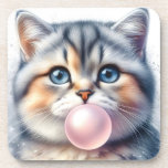 Cute Tabby Kitty Cat Blowing Bubble Gum Nursery Beverage Coaster