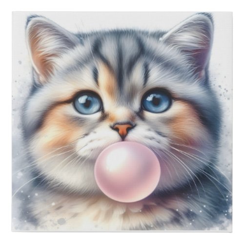 Cute Tabby Kitty Cat Blowing Bubble Gum Nursery Faux Canvas Print