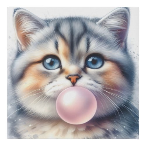 Cute Tabby Kitty Cat Blowing Bubble Gum Nursery Faux Canvas Print
