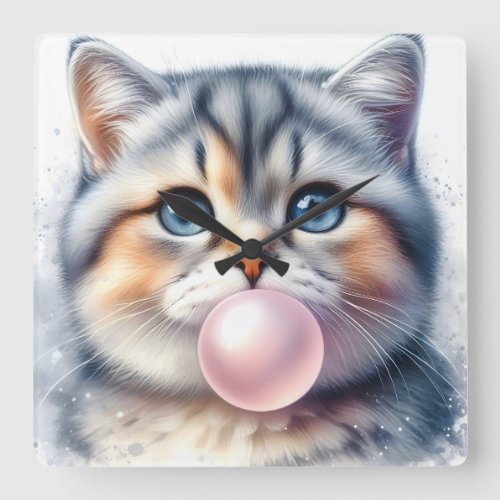 Cute Tabby Kitty Cat Blowing Bubble Gum Nursery Square Wall Clock