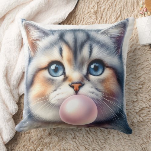 Cute Tabby Kitty Cat Blowing Bubble Gum Nursery Throw Pillow