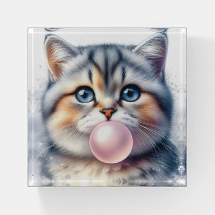 Cute Tabby Kitty Cat Blowing Bubble Gum Paperweight
