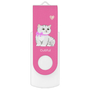Cute Tabby Kitty Cat & Heart on Pink Flash Drive