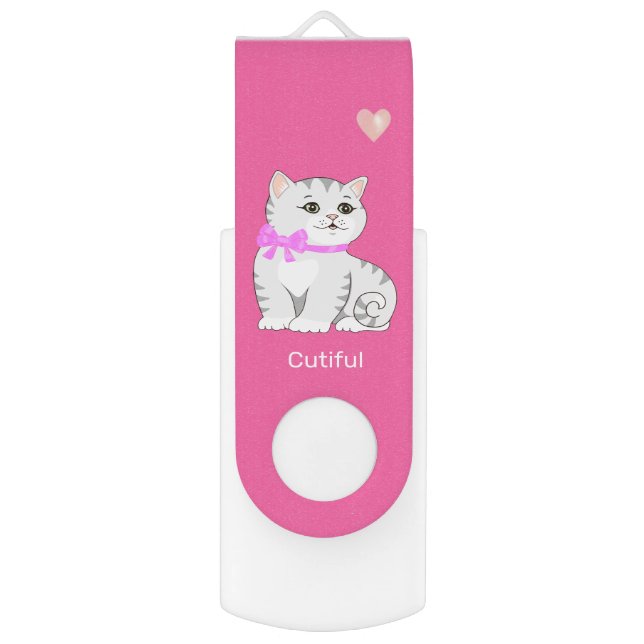 Cute Tabby Kitty Cat & Heart on Pink Flash Drive (Front Vertical)