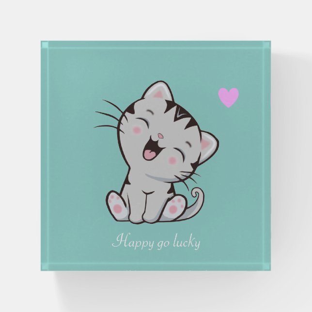 Cute Tabby Kitty Cat & Heart on Teal Paperweight (Front)