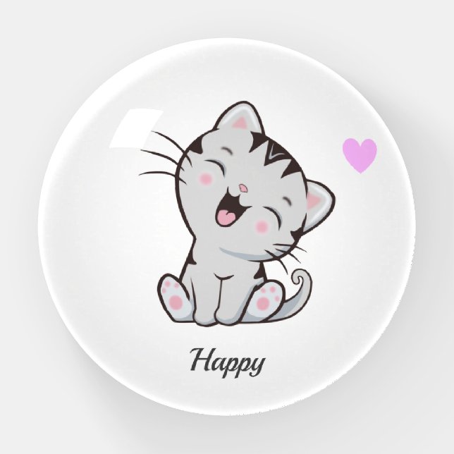 Cute Tabby Kitty Cat & Heart on White Paperweight (Front)