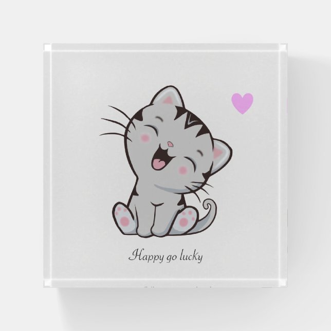 Cute Tabby Kitty Cat & Heart on White Paperweight (Front)