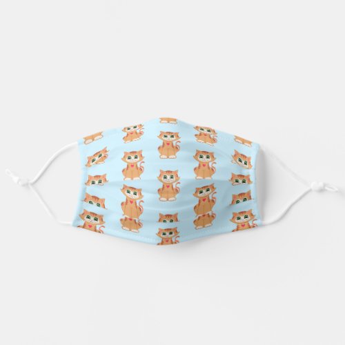 Cute tabby kitty cat  heart pattern on light blue adult cloth face mask