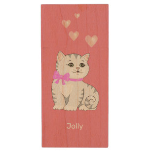 Cute Tabby Kitty Cat & Hearts on Pink Wood Flash Drive