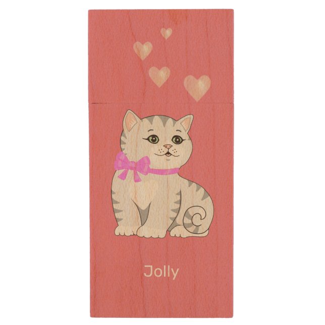 Cute Tabby Kitty Cat & Hearts on Pink Wood Flash Drive (Front Vertical)