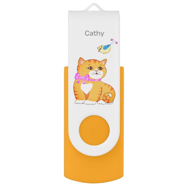 Cute Tabby Kitty Cat & Little Bird Flash Drive (Front Vertical)