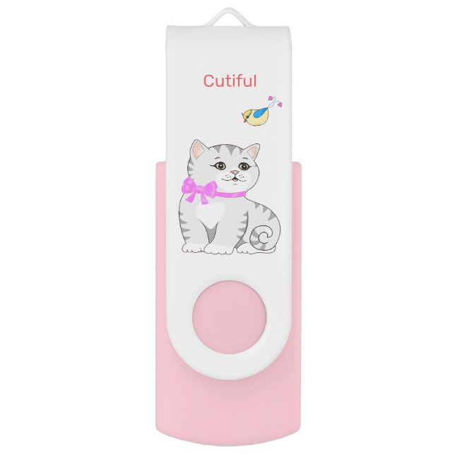 Cute Tabby Kitty Cat & Little Bird Flash Drive (Front Vertical)