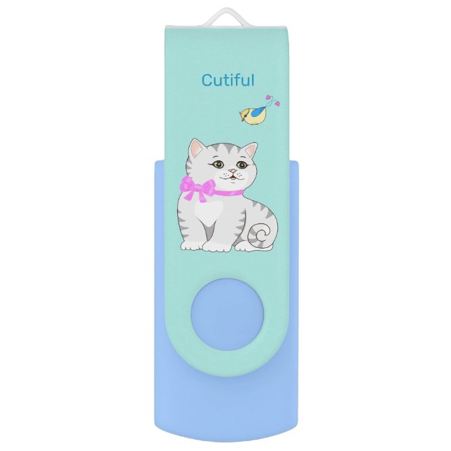 Cute Tabby Kitty Cat & Little Bird on Light Blue Flash Drive (Front Vertical)