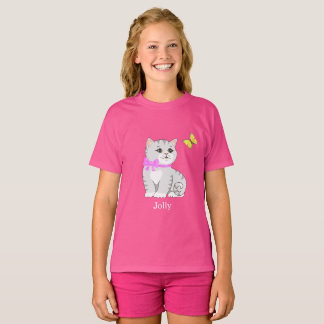 Cute Tabby Kitty Cat & Little Bird T-Shirt (Front Full)