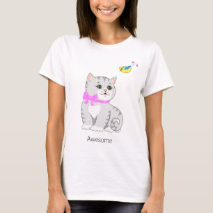 Cute Tabby Kitty Cat & Little Bird T-Shirt