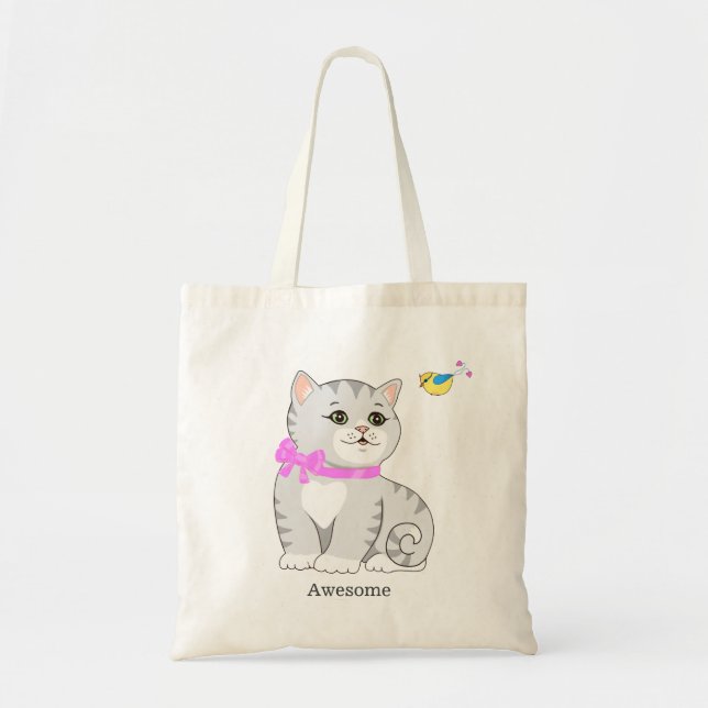 Cute Tabby Kitty Cat & Little Bird Tote Bag (Front)