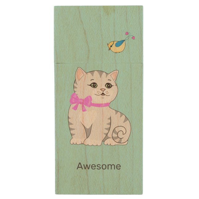 Cute Tabby Kitty Cat & Little Bird Wood Flash Drive (Front Vertical)
