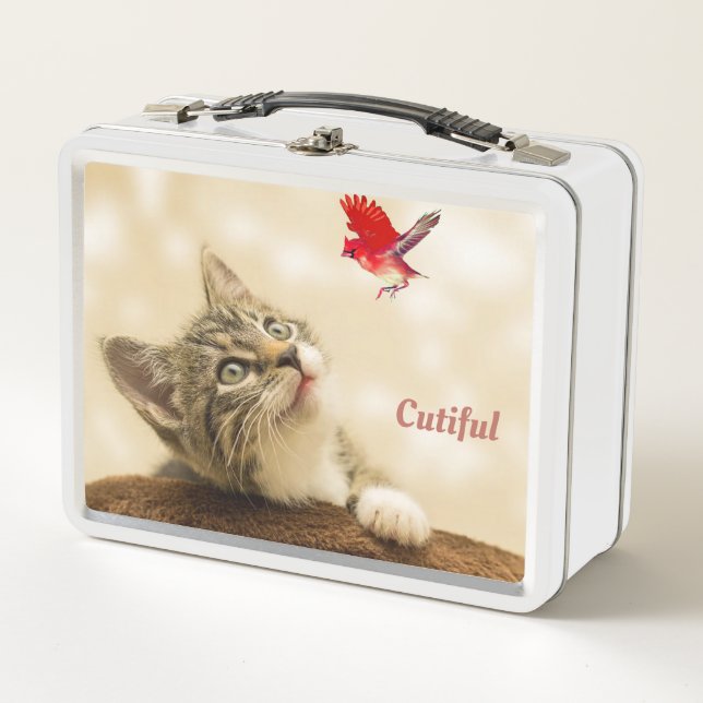 Cute Tabby Kitty Cat & Red Bird Metal Lunch Box (Front)
