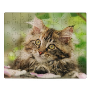 Cute Tabby Maine Coon Cat Kitten Fluffy Head Photo Jigsaw Puzzle