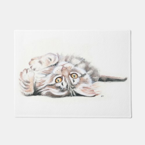 Cute Tabby Maine Coon Kitten Watercolor Doormat