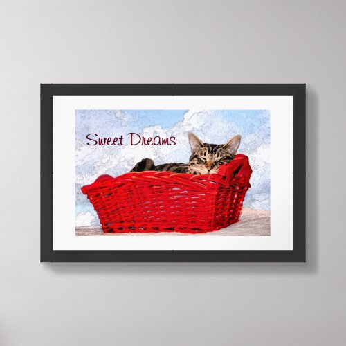 Cute Tabby Sleeping Kitten Red Basket Photograph Framed Art