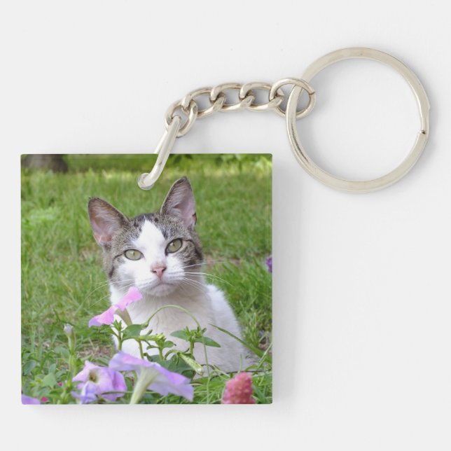 Cute Tabby & White Kitten in the Flowers KeyChain (Back)