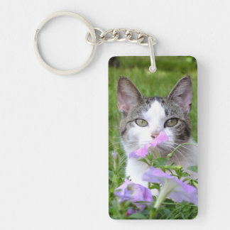 Cute Tabby & White Kitten in the Flowers KeyChain