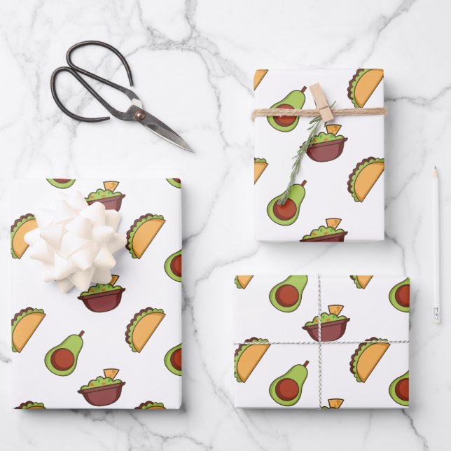 Cute Taco and Guacamole Pattern Wrapping Paper Sheets (Front)
