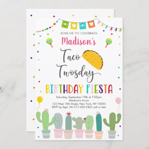 Cute Taco Twosday Fiesta Cactus Birthday Invitation