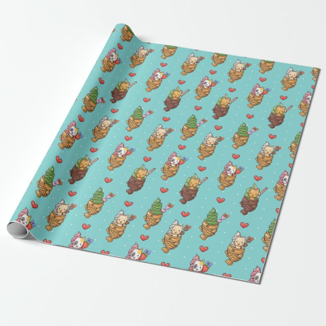 Cute Taiyaki Ice Cream Dessert Kawaii Cat Blue Wrapping Paper (Unrolled)