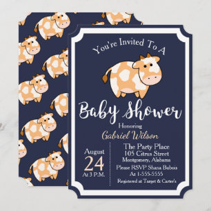Cute Tan Baby Cow Calf & Dark Blue Baby Shower Invitation