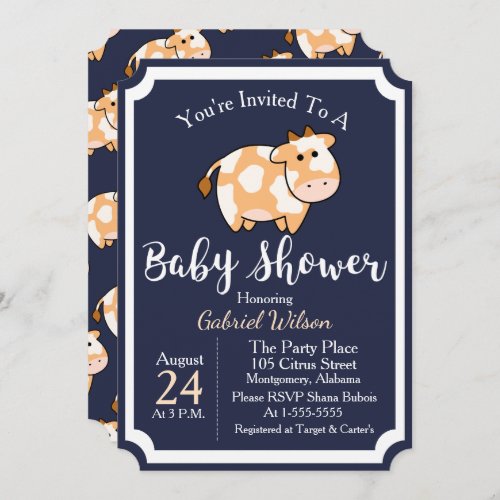 Cute Tan Baby Cow Calf  Dark Blue Baby Shower Invitation