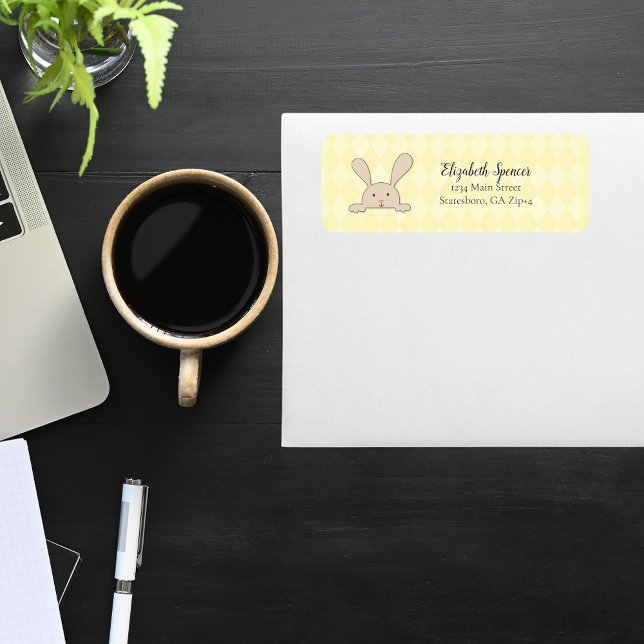 Cute Tan Bunny Rabbit Return Address Yellow Argyle Label (Creator Uploaded)