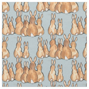 Cute Tan Bunny Rabbits on Blue Background Rustic Fabric