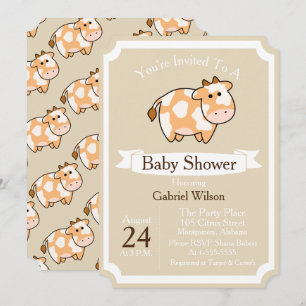 Cute Tan Cow Calf & White Ribbon Baby Shower Invitation
