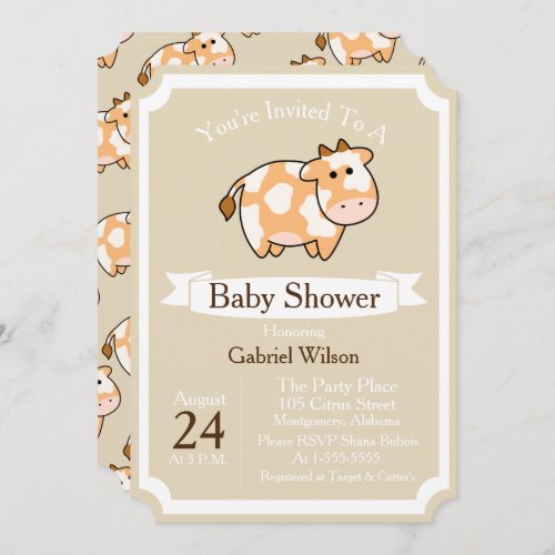 Cute Tan Cow Calf  White Ribbon Baby Shower Invitation