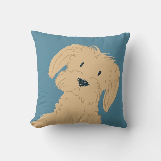 Cute tan maltese puppy dog slate blue personalized throw pillow (Front)