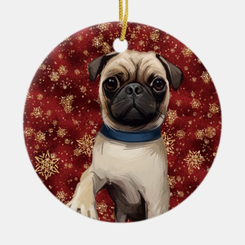 CUTE TAN PUG DOG WITH GOLD WINTER SNOWFLAKES CERAMIC ORNAMENT