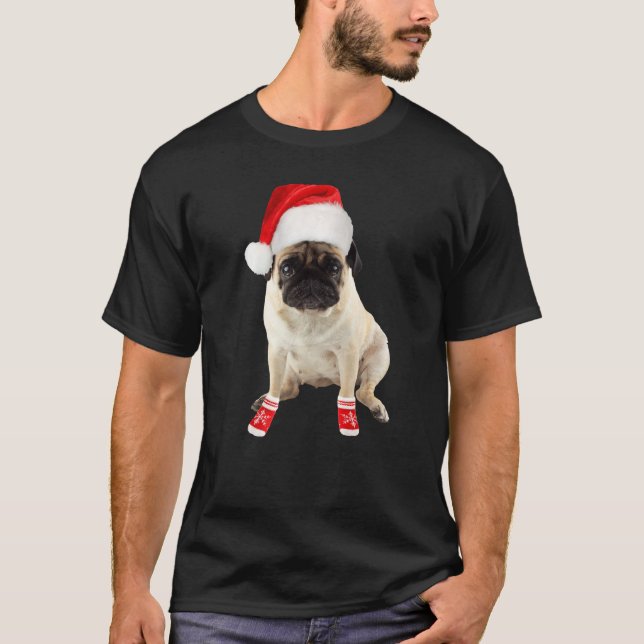 Cute Tan Pug Puppy Santa Hat Socks Image Christmas T-Shirt (Front)