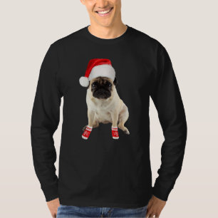 Cute Tan Pug Puppy Santa Hat Socks Image Christmas T-Shirt