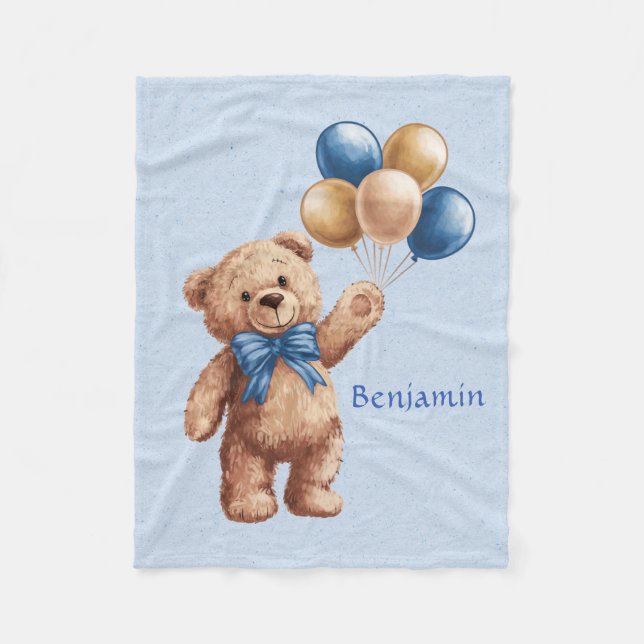 Cute Tan Teddy Bear with Balloons Boy Baby Gift Fleece Blanket (Front)