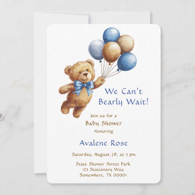 Cute Tan Teddy Bear with Balloons Boy Baby Shower Invitation (Front)