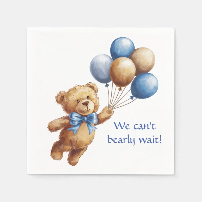 Cute Tan Teddy Bear with Balloons Boy Baby Shower Napkins (Front)