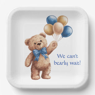 Cute Tan Teddy Bear with Balloons Boy Baby Shower Paper Plates